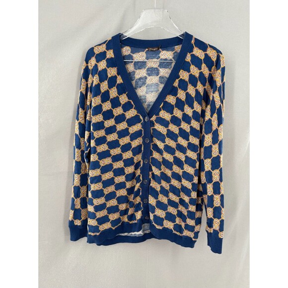 J. McLaughlin Sweaters - J. McLaughlin Large Cardigan Kristyn Blue Gold Heraldic Knot Chain Sweater